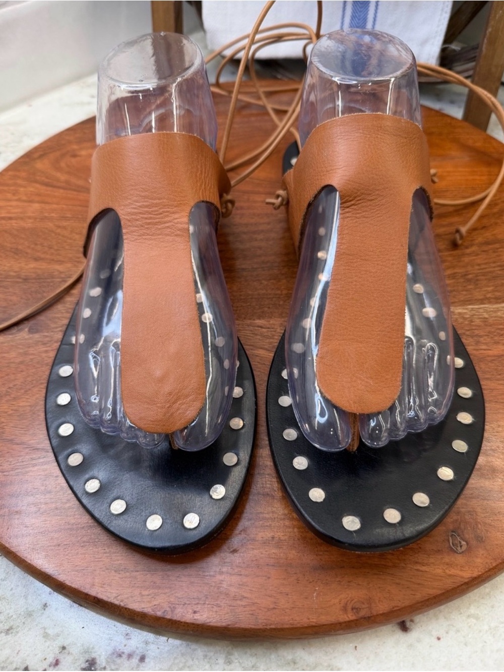 Sol Sana Tan Leather Studded Toe-Post Sandals
